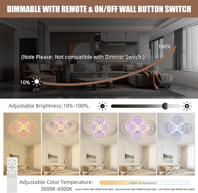 Modern LED Ceiling Light,70W Flush Mount Ceiling Light,Dimmable Ceiling Lights for Bedroom,6 Rings Lighting Fixture LED Ceiling Lamp for Kitchen,Living Room,Laundry Room,3000-6000K,White