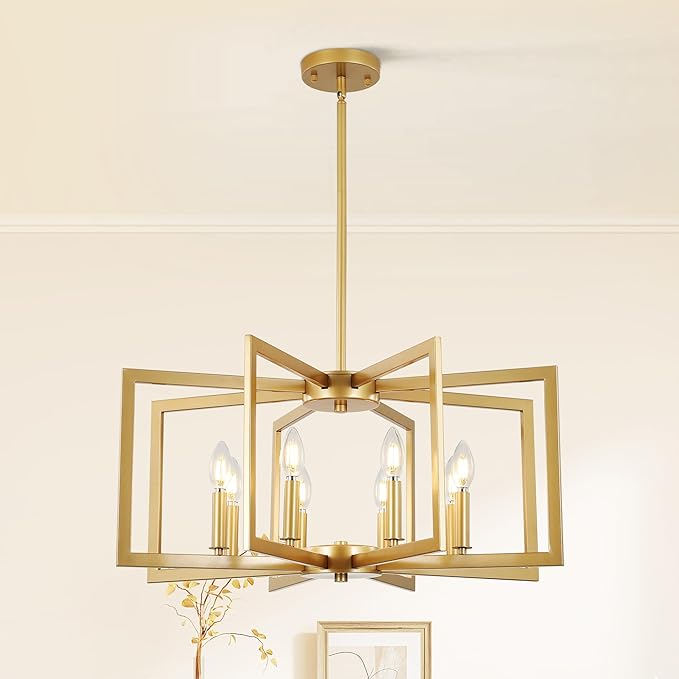 Klgxnrd 8-Light Modern Farmhouse Gold Geometric Chandelier, Large Industrial Metal Kitchen Light Fixtures, Rustic Cage Hanging Lights for Dining Room Entryway Foyer Living Room Stairway