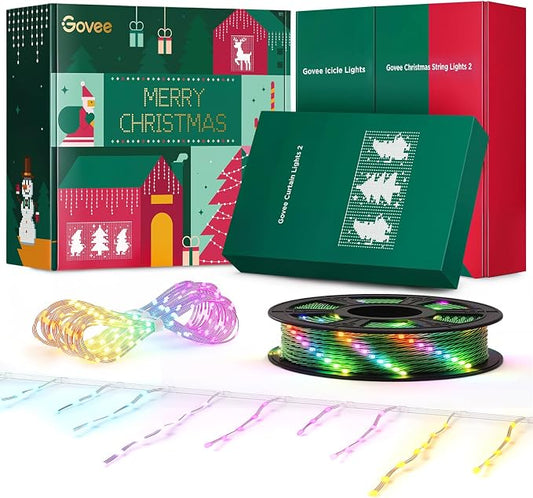 Govee Outdoor Lights Set, Includes Curtain Lights, String Lights, & Icicle Lights, House Decor for Indoors & Outdoors, RGBIC Smart LED Lights, Holly-Jolly Christmas Bundle 1 Pack Each