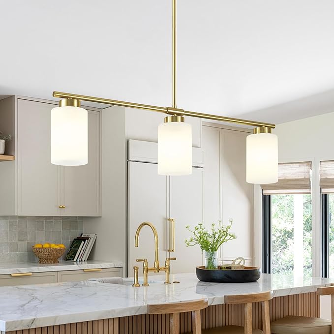 3-Light Gold Kitchen Island Lighting 31" Pendant Light with Milk Glass Shade Adjustable Height Linear Chandelier for Dining Room Modern Farmhouse Light Fixture Over Table Bar Living Room Foyer, E26