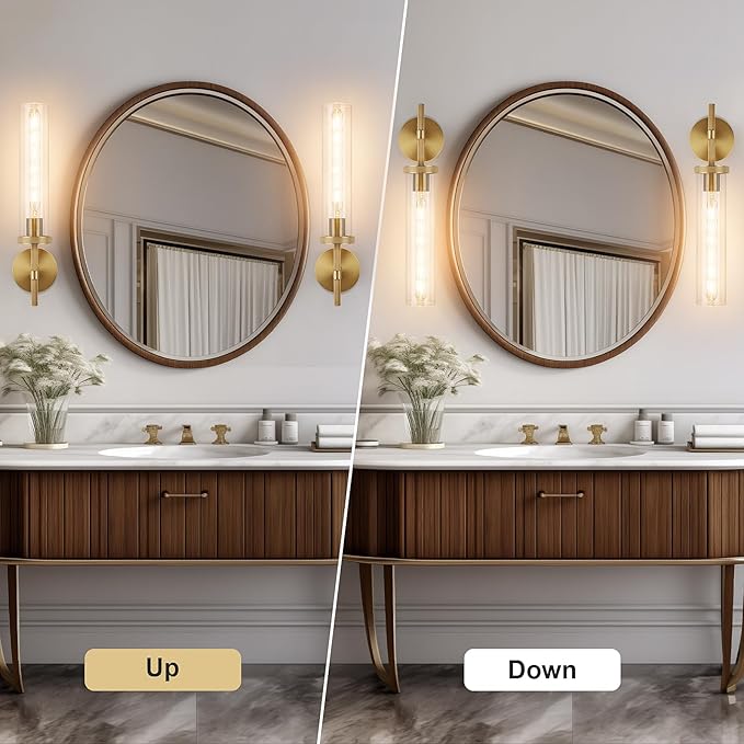 19.5" Knurled Brass Wall Sconces Set of 2, Gold Bathroom Vanity Light Fixtures with Clear Glass Tube, Modern Lamp Lighting for Bedroom, Living Room, Hallway, Staircase, Mirror, Kitchen