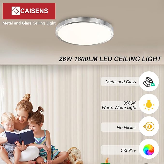 14 Inch Flush Mount Ceiling Light Fixture, Metal and Glass LED Ceiling Light Flush Mount, Slim Dimmable Flush Mount Light for Kitchen, Bedroom, Laundry, Low Ceiling, Brushed Nickel, 26W, 3000K, 2 Pack
