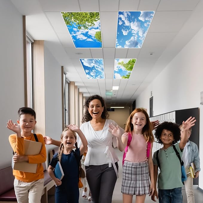 Wiooffen 4 Pcs Fluorescent Light Covers for Classroom Ceiling Lights 4 x 2 Feet Magnetic Light Covers Filter Easy Install for Office Hospitals Home Supplies (Trees Blue Sky Clouds)