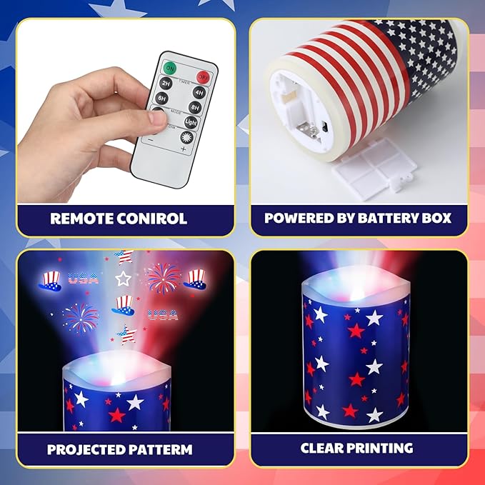 Baquler 3 Pcs Independence Day Flameless Projector Candle with Remote Timer - American Flag Patriotic Projector Light LED Candles Battery Operated for 4th of July Home Indoor Holiday Party Decoration