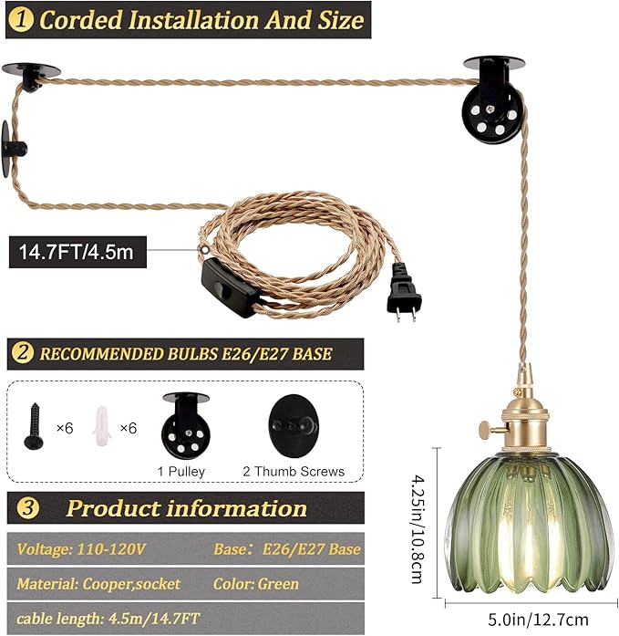 Shenmoyl Plug in Pendant Light Hanging Light Fixture Corded On/Off Switch Brass Pendant Light with Green Tulip Glass Lampshade for Bedroom Living Room Kitchen Island