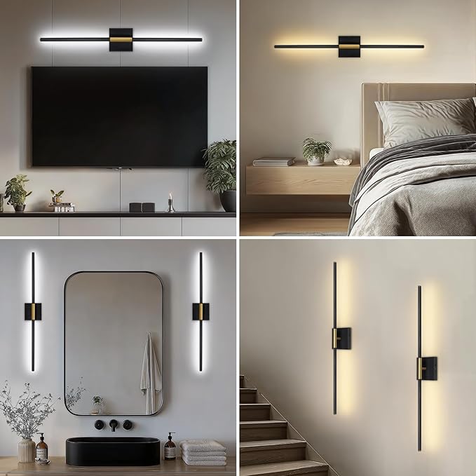TaoFiaCo Battery Operated Wall Sconces Set of Two, Battery Wall Sconce with Remote Control, Black Gold Modern LED Rechargeable Wireless Sconces, Wall Lights for Bedroom, Living Room, 2Pack, 31.5Inch