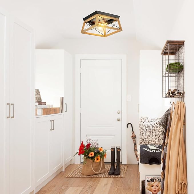 Boho Rattan Ceiling Light Fixture 2-Light Flush Mount Ceiling Light with Rattan Wood Shade Farmshouse Ceiling Lamp Fixture for Hallway Entryway Kitchen Sink Dining Room Bedroom
