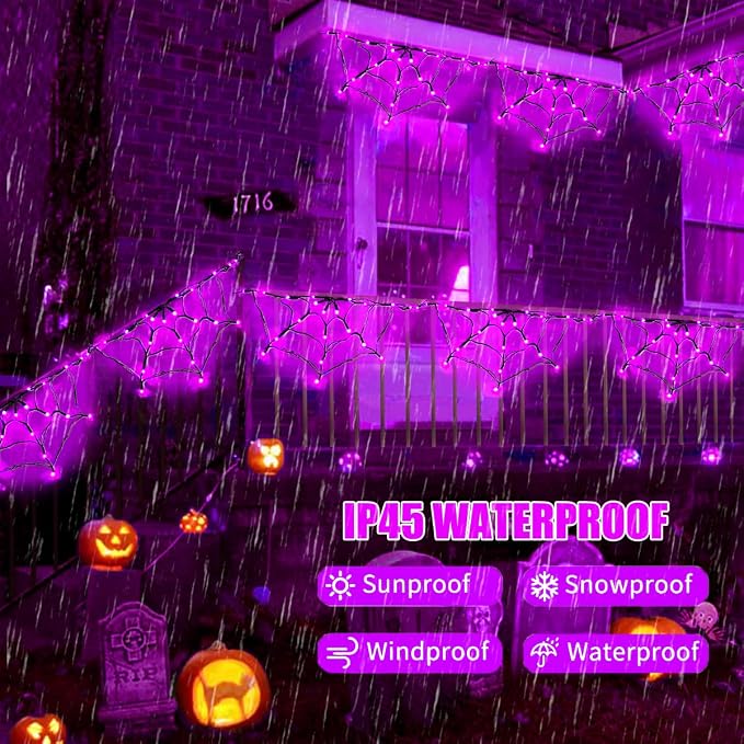 Halloween Spider Web Lights Outdoor, Solar Light up Cobweb String Lights with 60LED Lights, Spiderweb Curtain Fairy String Lights for Halloween Decorations Fireplace Proch Window Garden (Purple)