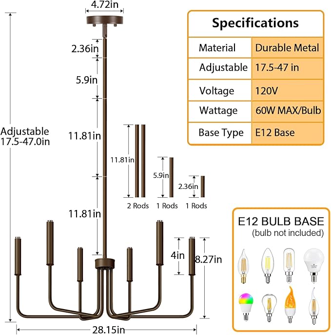 6-Light Farmhouse Chandelier for Dining Room Lighting Fixtures Hanging, Oil-Rubbed Bronze Dining Light Fixtures Industrial Chandelier for Bedroom, Foyer, Hall, Kitchen, Living Room and Entryway