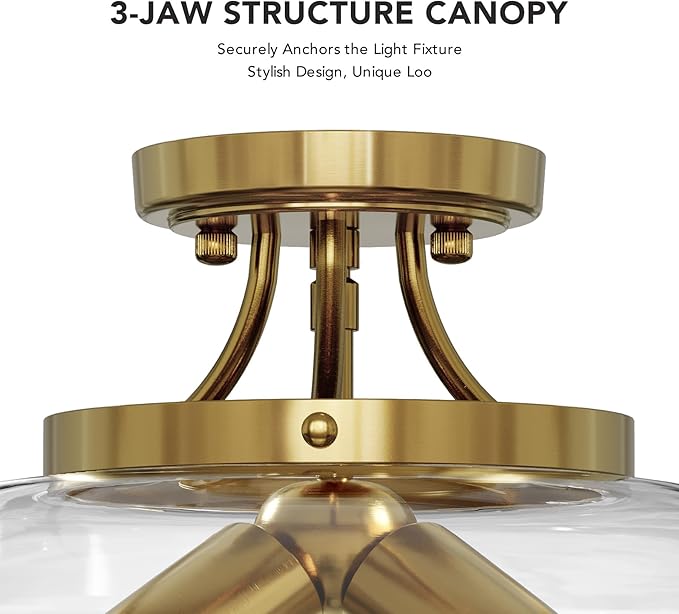 VONLUCE Semi Flush Mount Ceiling Light, 13.8" Ceiling Light Fixture with Clear Glass Shade, E26 Base, 3-Bulb Industrial Lighting Fixture for Hallway Entryway Bedroom, Brushed Gold, ETL Certificated