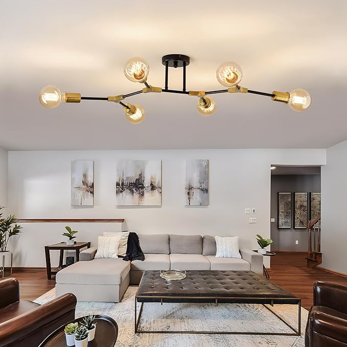ASGYISA 8 Light Modern Sputnik Chandelier Black and Gold Ceiling Light Fixture Mid Century Ceiling Lamp for Bedroom Living Room Dining Room Kitchen Foyer (Metal Matte E26
