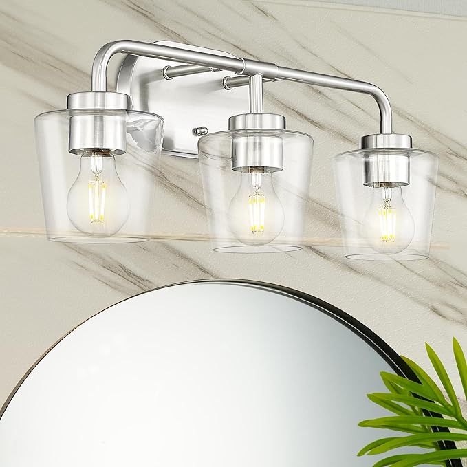 Bathroom Light Fixtures, 3-Light Brushed Nickel Vanity Lights Over Mirror with Clear Glass, Modern Vanity Lighting Fixtures, AD-22004-3W-SN-C