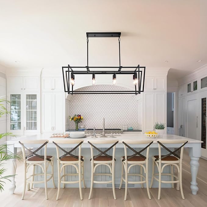 8-Light Dining Room Light Fixture, Farmhouse Pendant Lights Kitchen Island, Rustic Black Chandeliers for Dining Room, Rectangle Hanging Light Fixtures Over Table