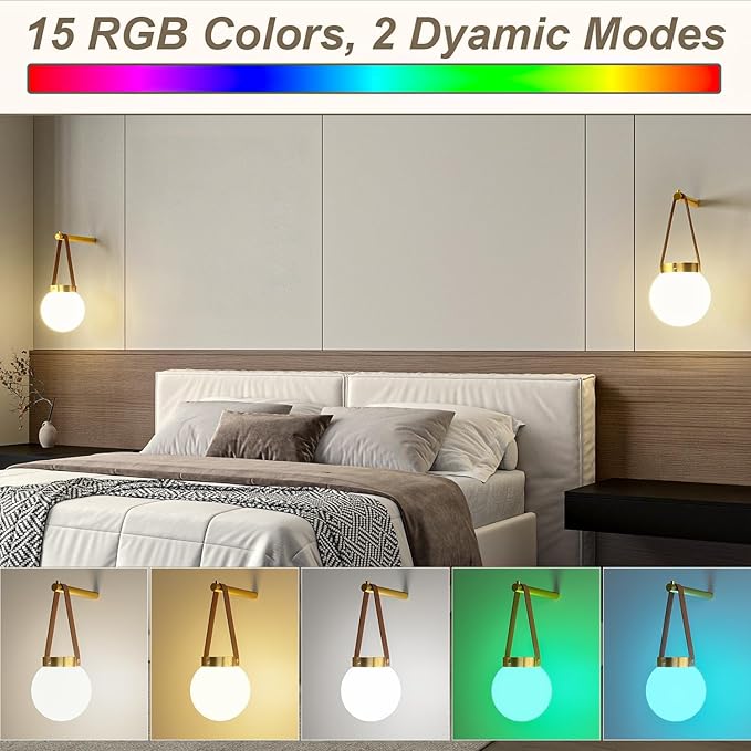 Battery Operated Wall Sconces Set of 2, Gold Wall Lamps for Bedroom with Remote Control Warm/Natural/Daylight/RGB 15 Colors Dimmable Rechargeable Wireless Globe Wall Lights Retro Living Room Hallway