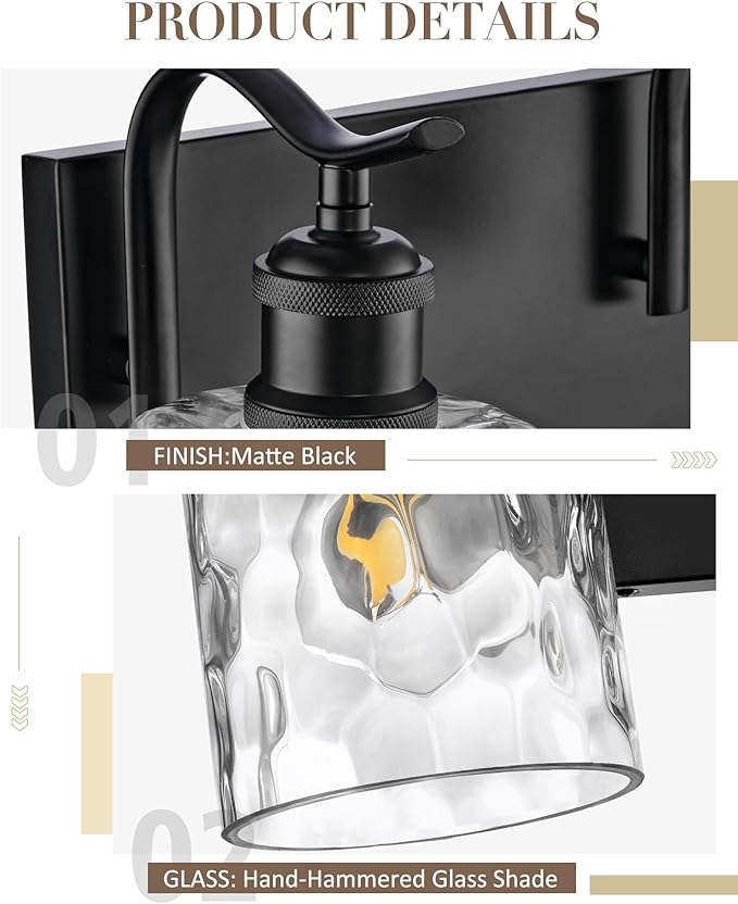 Bathroom Vanity Light Fixtures 5-Light Hammered Glass Modern Wall Mounted Over Mirror Black - VL01BKH-5