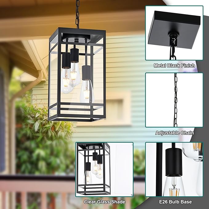 Large Outdoor Pendant Light for Porch, Black 3 Lights Outdoor Pendant Light Fixtures, Modern Hanging Light Fixture, Exterior Chandelier Hanging Lantern for Patio,Front Door