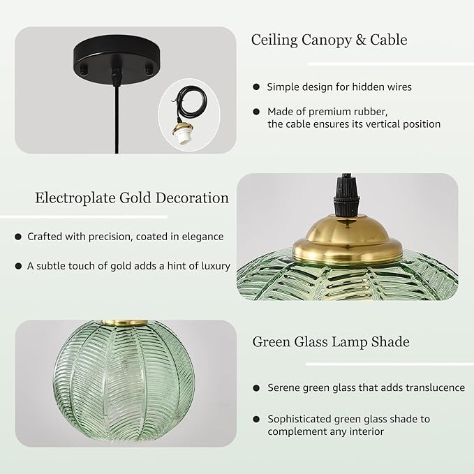 3-Light Glass Globe Light for Kitchen Island, Mid-Century Modern Pendant Ball Chandelier with Green Ribbed Lampshade, Vintage Hanging Ceiling Light Fixture for Dining Room, Over Sink, Table