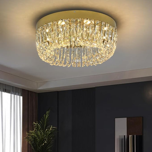 Deckrico Luxury Gold Crystal Chandelier Flush Mount Ceiling Light, 19.7" Modern LED Lighting Fixture for Bedroom Kitchen Dining Room Living Room