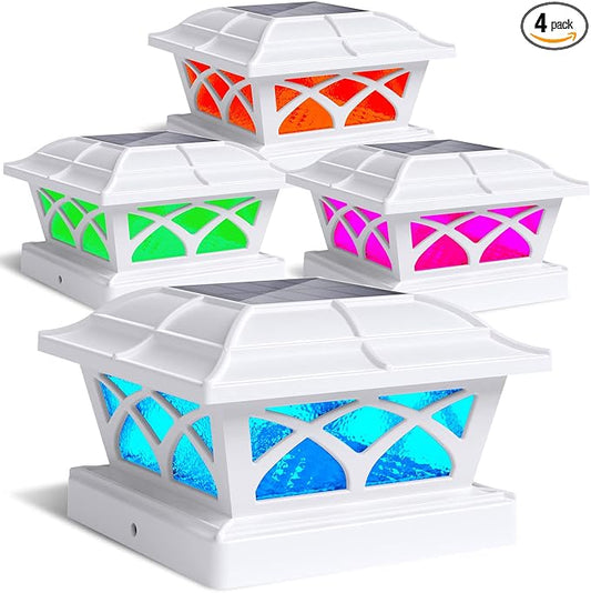 SIEDiNLAR Solar Post Cap Lights Outdoor Glass 2 Color Modes LED for 4x4 5x5 6x6 Wooden Vinyl Posts Fence Deck Patio Decoration RGB Color Changing & Warm White Lighting White (4 Pack)