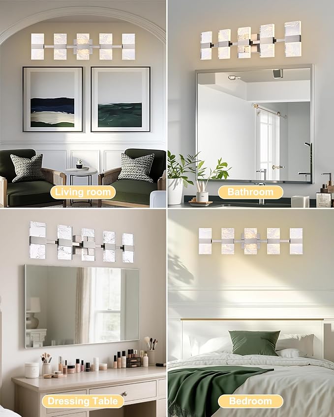 LED 3000K Bathroom Light Fixture in Brushed Nickel, Modern 5-Lights Vanity Lighting with Smoke Acrylic Shades, Wall Lamp Over Mirror for Kitchen Bedroom (Integrated Led Chips Included)