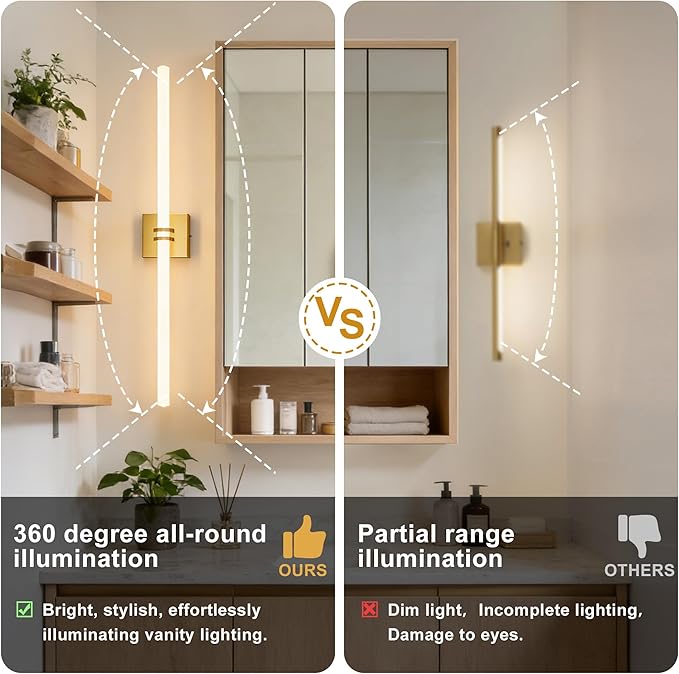 Bathroom Light Fixtures,Gold 35W LED 360° Full Lighting Modern Wall Sconce Vanity Light with 5-Color Dimmable 3000K-6000K, 37.40inch Vanity Lighting for Bath, Powder Room, Bedroom, Hallway