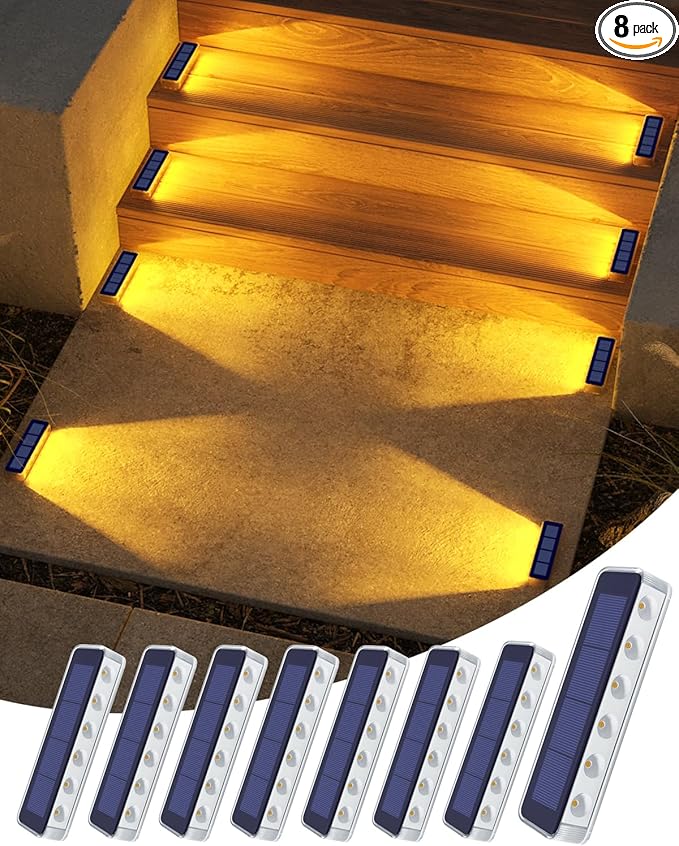 DetarZinLED Solar Step Lights for Outside,8 Pack Solar Stair Lights Outdoor Waterproof,Warm White Deck Light Solar Powered Waterproof for Steps,Stairs,Walkway,Sidewalk,Patio,Pathway