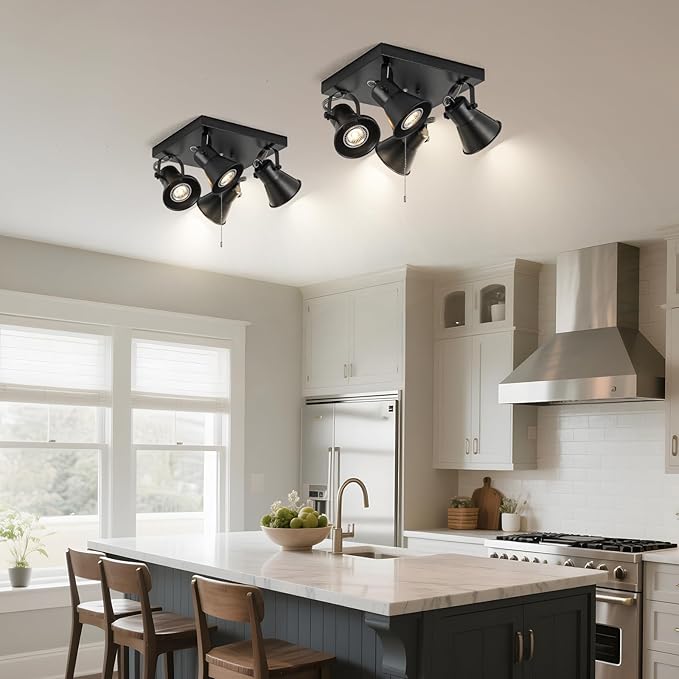 KEESFU 4-Light Square Ceiling Light Fixture with Pull Chain Switch, Black Adjustable Track Lighting,Flush Mount Directional Ceiling Lamp for Foyer Living Room Bedroom Kitchen Dining Area
