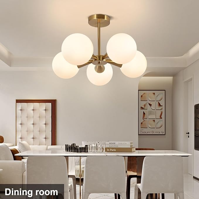 Bektas 5-Lights Semi Flush Mount Ceiling Light Fixture Brushed Gold Light Fixture Straight Bar Modeling with Milk Glass Globe for Bedroom,Living Room, Dinning Room Foyer Hallway