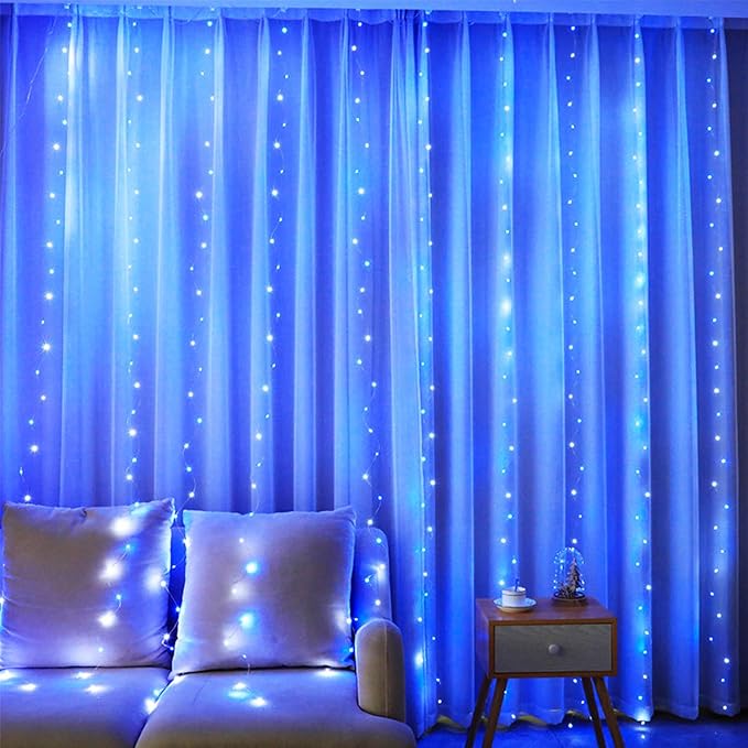 300 LED Fairy Lights, Twinkle Lights with 8 Light Modes, 9.8x9.8Ft Curtain String Lights Remote Control for Christmas, Bedroom, Indoor, Outdoor, Weddings, Party, Birthday Decor (Blue)