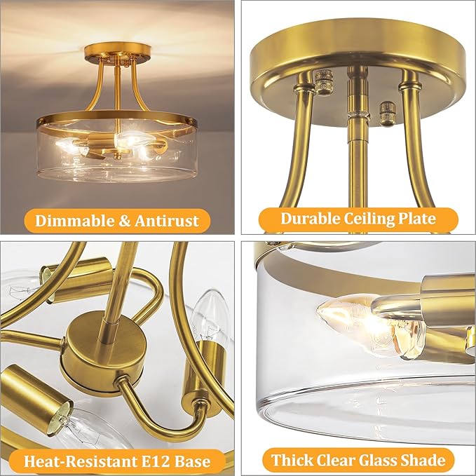 Brushed Gold Semi Flush Mount Ceiling Light, 11.81" Kitchen Lighting Fixtures Ceiling with Glass Shade, 3-Light Modern Hallway Light Fixtures for Entryway Bedroom Bathroom Foyer Laundry Dining Room