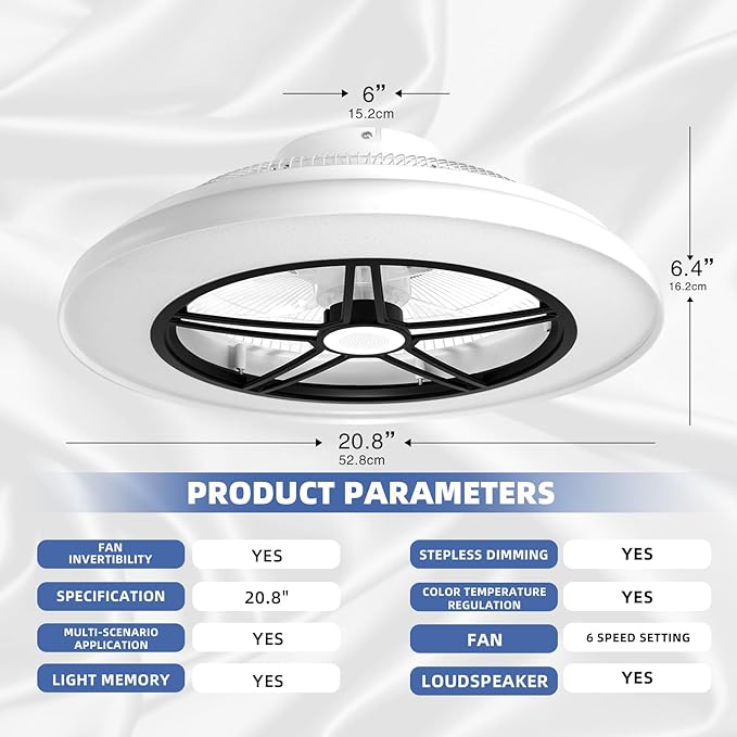 BAYSQUIRREL Bluetooth Bladeless Ceiling Fan with Speaker, Low Profile Ceiling Fan with Light and Remote/APP Control,6 Speeds Reversible 3 Color LED Dimmable Flush Mount Ceiling Fans for Bedroom
