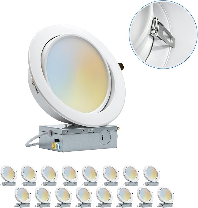 PROCURU [16-Pack] 6-Inch Gimbal Heavy Duty 12W (7" Trim) LED 2700K-6000K 5CCT, Adjustable, Rotate & Swivel Ultra-Thin Recessed Ceiling Downlight, Dimmable, AirTight IC Rated (VGB6-5W3-16P)