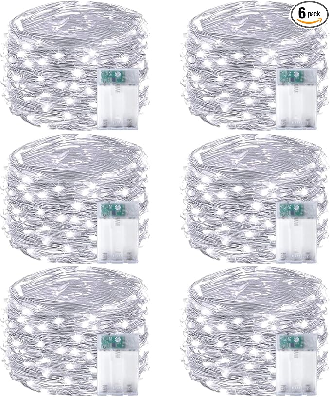 6-Pack Fairy Lights Battery Operated with Timer, 16FT 50 LED String Lights Indoor Outdoor, Cuttable Starry Fairy Lights Waterproof for Christmas Home Bedroom Wedding DIY Centerpiece Decor (Cool White)