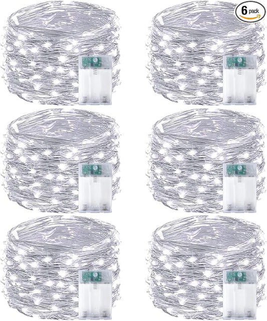 6-Pack Fairy Lights Battery Operated with Timer, 16FT 50 LED String Lights Indoor Outdoor, Cuttable Starry Fairy Lights Waterproof for Christmas Home Bedroom Wedding DIY Centerpiece Decor (Cool White)