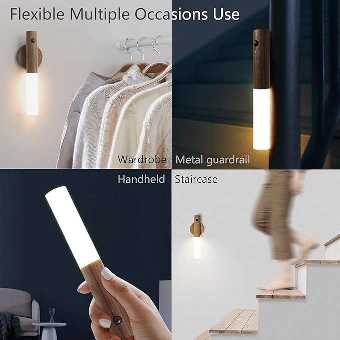 Chilvane Motion Sensor Light Indoor Night Light Wall Sconce Wooden Rechargeable Portable Magnetic Battery Operated LED Night Light for Kids Bathroom Toliet Light Closet Bedroom,Walnut Wood Pack 2