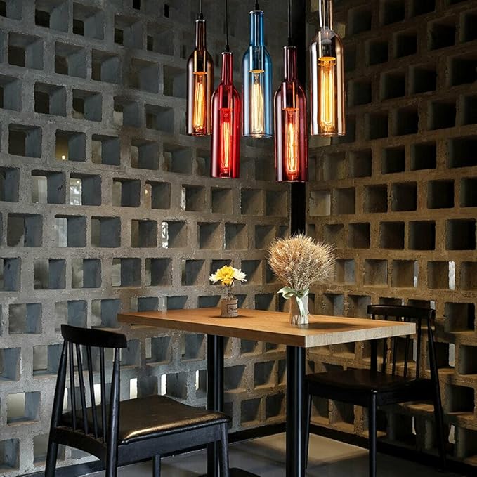5-Head Colorful Beer Bottle Chandelier, Industrial Ceiling Light Vintage Pendant Lamp, Wine Glass Bottle Chandelier Pendant Lighting Fixture Hanging Lamp Height Adjustable, E27 Lamp Holder