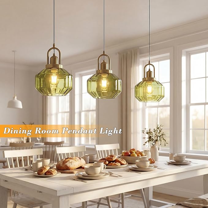 9in Mid Century Modern Green Glass Pendant Light Fixture, Small Gold Kitchen Island Pendants Light Glass Ceiling Hanging Lamp for Foyer Dining Room Bedroom Entryway Hallway Over Sink