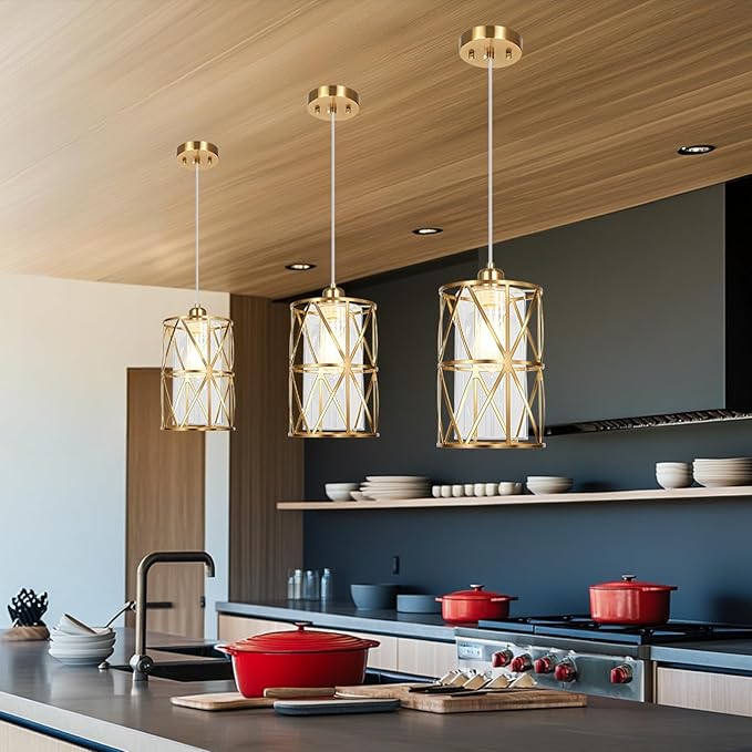 Brushed Gold Pendant Light, 7"×10" Dual-Shade Kitchen Island Lighting with Clear Glass Shade, E26 Adjustable Height 1"-61", UL Listed, for Dining Room Foyer Entryway — Bulbs Not Included