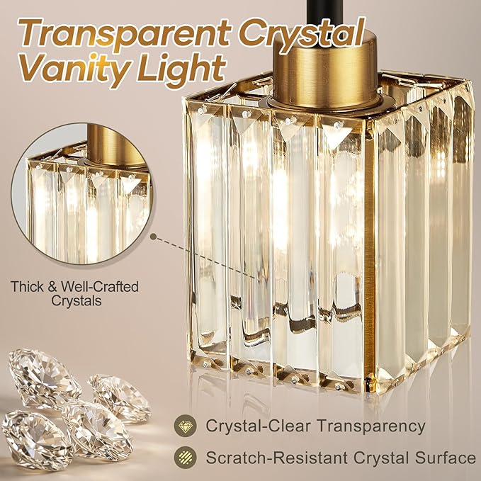 Torondo Modern Crystal 3-Light Vanity Lights for Bathroom Gold Bathroom Lights Over Mirror Black and Gold Vanity Lighting Fixtures Square Shade Brass Wall Sconce (Bulbs Not Include)