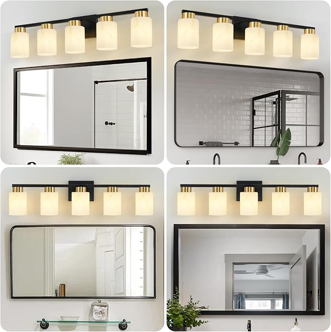 5-Light Bathroom Light Fixtures, Modern Vanity Lights, Black and Gold Metal Wall Lamp with White Marble Glass for Bathroom, Mirror, Living Room, Bedroom, Cabinet, Porch, Hallway, E26 Base