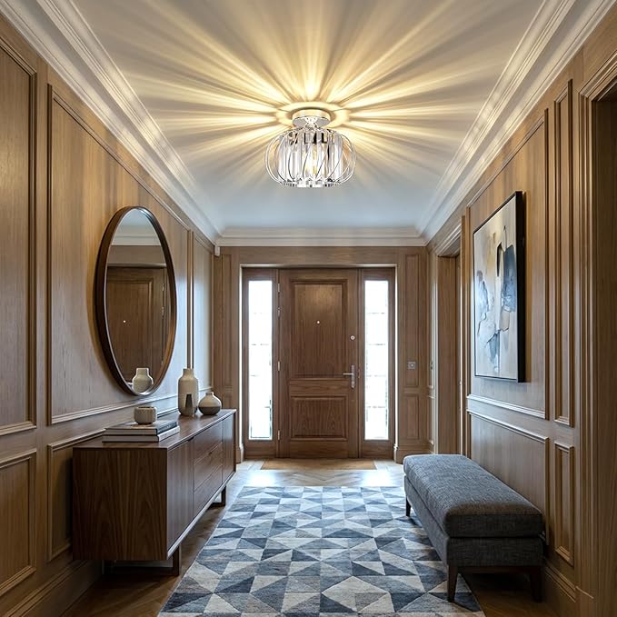 FRIDEKO HOME Crystal Ceiling Light Fixture - Small Crystal Chandelier Semi Flush Mount Ceiling Light Modern Hallway Lights fixtures for Entryway Bedroom Porch Kitchen (11 Inch, Bulb not Included)