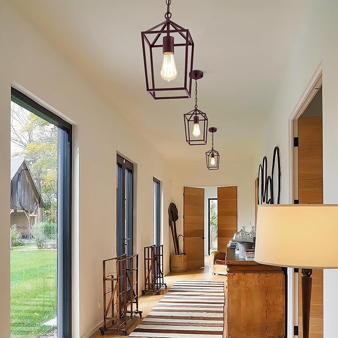 2-Pack Farmhouse Pendant Lights Kitchen Island, Pendant Light Fixtures Hanging Lamp for Dining Room, Modern Kitchen Pendant Lighting Over Island, Metal Cage Design, Brown