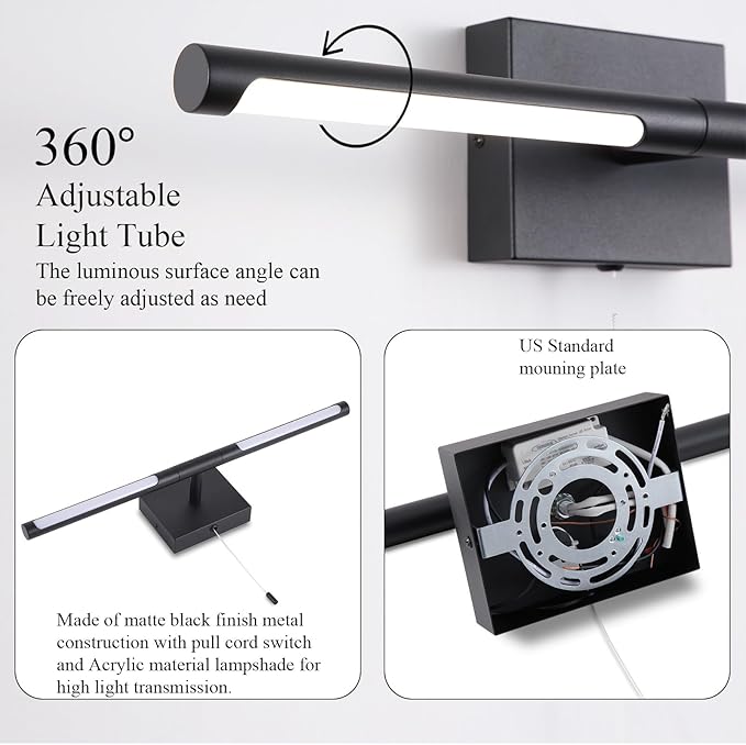 24 Inch Black LED Bar Bathroom Vanity Light,360° Rotatable Vanity Light Fixtures with Pull Chain Over Mirror,4000K Modern Bathroom Sconces Wall Lighting Picture Light