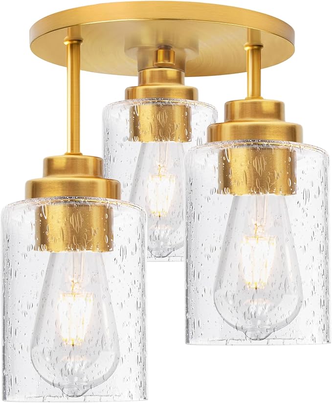 hykolity 3-Light Semi Flush Mount Ceiling Light, 9 Inch Gold Close to Ceiling Light Fixtures with Seeded Glass Shades, Modern Ceiling Lighting for Kitchen, Bedroom, Entryway, Hallway, ETL Listed