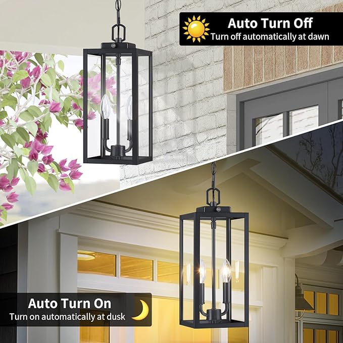 Large Outdoor Pendant Light 2-Light, 15'' Dusk to Dawn Modern Black Metal Outside Chandelier Exterior Hanging Fixture Ceiling Mount with Clear Glass for Front Porch Entrance Foyer Entryway, 1 Pack
