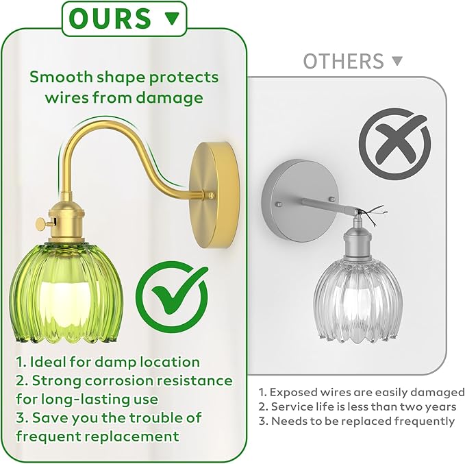 Wall Sconces Lights Lamp for Bedroom Bathroom, Modern Vanity Light Fixtures, Wall Mount Lighting Vintage Tulip Green Glass Shade for Living Room Mirror Hallway Kitchen