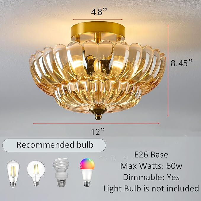 Semi Flush Mount Ceiling Light, 12 Inch Vintage Gold Fixture with Amber Glass Shade, 3-Light Close to Ceiling Lighting for Hallway, Entryway, Bedroom, Bathroom，Kitchen, Mid Century Modern