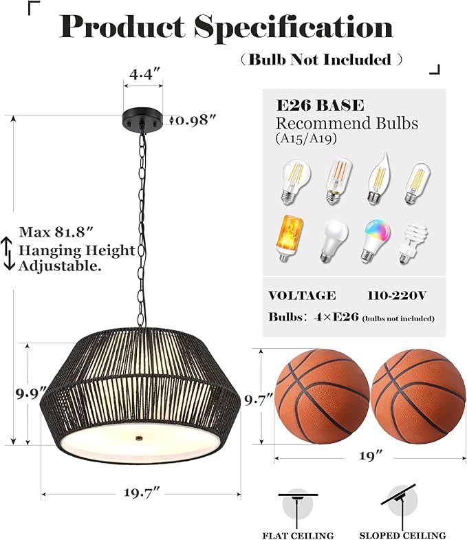 ELYONA 20" Modern Chandeliers for Dining Room, 4-Lights Large Rattan Chandelier Light Fixture with Fabric Shade Adjustable Boho Woven Hanging Pendant Light for Kitchen Island Living Room Bedroom Black