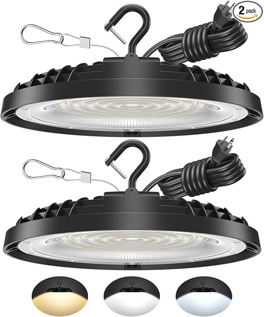 2 Pack 150W UFO LED High Bay Light, Adjustable Color Temperature 3500K/5000K/6500K, 21,000LM, 120VAC, LED Shop Lights, Plug & Play Lighting Fixture for Warehouses, Workshops, Garages, and Barns