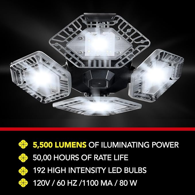 Bell+Howell QUADBURST LED Ceiling Light Bulbs 80W 5500 Lumens – 4 Aluminum Deformable Panels LED Shop Light Fixture for Indoor, Bedroom, Garage Lights, Home Improvement, E26 / E27 Socket (Gray)